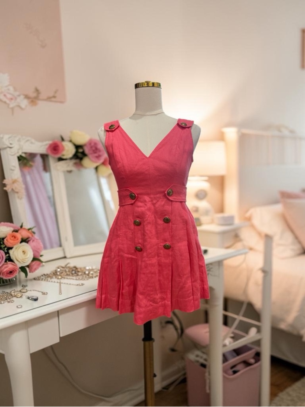 Zimmermann Coral Red Linen Mini Dress Gold Button Detail Size 0/XS